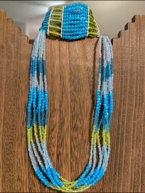 Multi-Strand Blue and Green Seed Bead Necklace And Bracelet